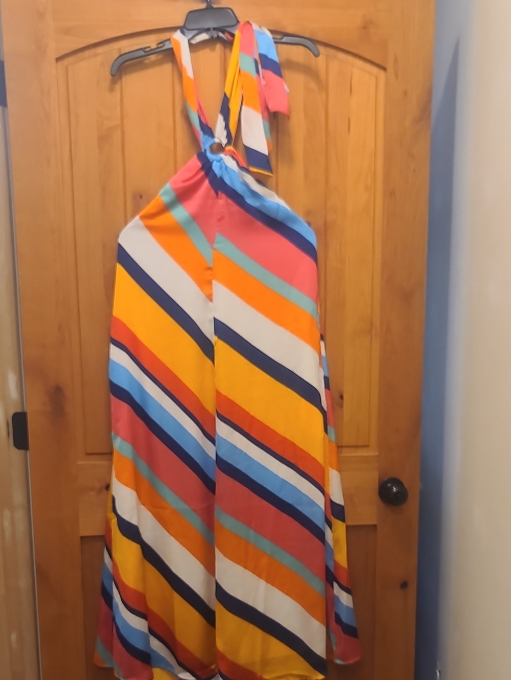 Backless Halter Maxi Dress in Multi‑Color Stripes